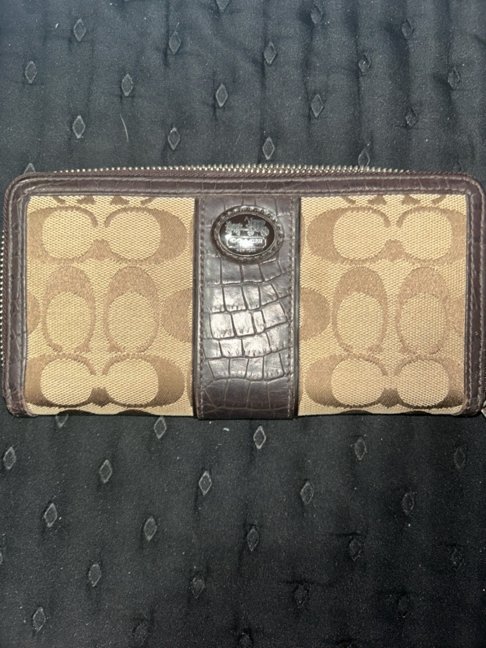Coach Brown Signature Canvas Zip Wallet with Croc-Embossed Trim